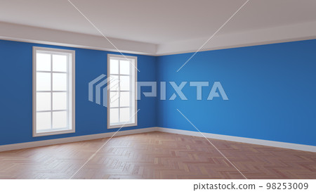 Blue Interior with a White Ceiling and Cornice, Glossy Herringbone Parquet Floor, Two Large Windows and a White Plinth. Unfurnished Interior Concept. 3D illustration. 8K Ultra HD, 7680x4320, 300 dpi 98253009
