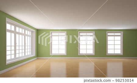 Interior with Light Green Plastered Walls, a Large Window on the Left and Three Windows on the Center. White Plinth and a Light Parquet Floor. Mockup Interior. 3D illustration, 8K Ultra HD, 7680x4320 Interior with Light Green Plastered Walls, a Large Window on the Left and Three Windows on the Center. White Plinth and a Light Parquet Floor. Mockup Interior. 3D illustration, 8K Ultra HD, 7680x4320 98253014