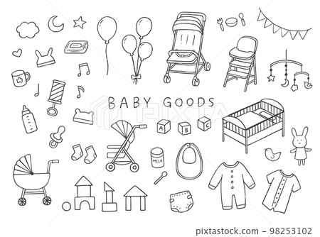 Hand-drawn illustration set of baby goods (monochrome) Hand-drawn illustration set of baby goods (monochrome) 98253102