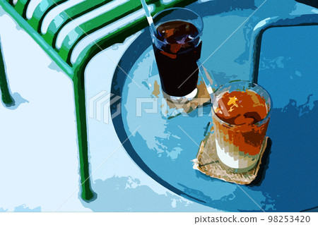Iced coffee, cafe au lait, served for two on the terrace of the cafe Iced coffee, cafe au lait, served for two on the terrace of the cafe 98253420