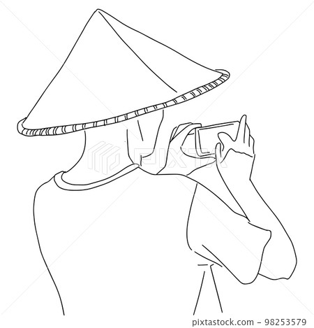 sketch tourist in a triangular hat takes a photo 98253579