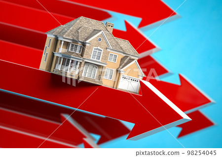 Real Estate market crisis. Home value and rent housing prices decreasing concept. House on a falling arrow. Real Estate market crisis. Home value and rent housing prices decreasing concept. House on a falling arrow. 98254045