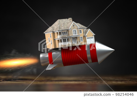 Real Estate market growth. Home value, mortgage rates and rent housing prices increasing concept. House on a flying rocket. 98254046
