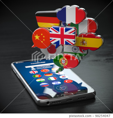 Global communication, dictionary, translating and learning languages online app concept. Mobile smartphone and speech bubbles with flags. Global communication, dictionary, translating and learning languages online app concept. Mobile smartphone and speech bubbles with flags. 98254047