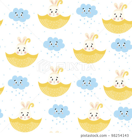 Cute springtime pattern with bunny in umbrella with flowers and rain on white background. Cute springtime pattern with bunny in umbrella with flowers and rain on white background. 98254143