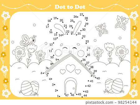 Cute dot to dot game for kids with easter theamed character - bunny with butterflies and flowers Cute dot to dot game for kids with easter theamed character - bunny with butterflies and flowers 98254144