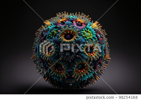 Coronavirus model in different colors on a black background created with generative AI technology. High quality illustration 98254168