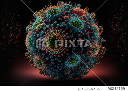 Coronavirus model in different colors on a black background created with generative AI technology. High quality illustration Coronavirus model in different colors on a black background created with generative AI technology. High quality illustration 98254169