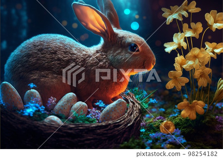 Easter bunny sitting in egg basket created with generative AI technology. High quality illustration 98254182