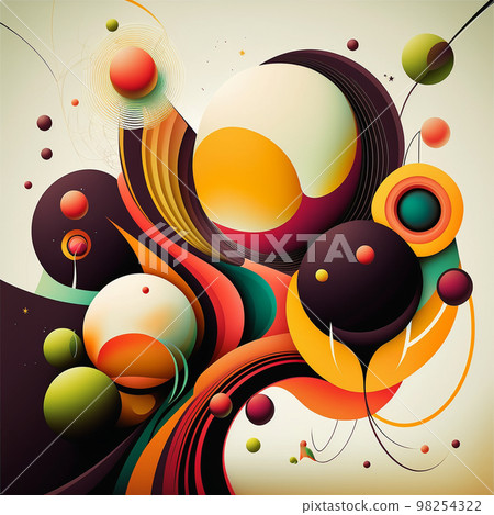 Abstract futuristic contemporary modern cosmic design with spheres and lines in cartoon style. 98254322