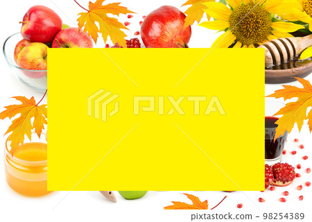 Honey, apples and pomegranate seeds isolated on white background. Free space for text. 98254389