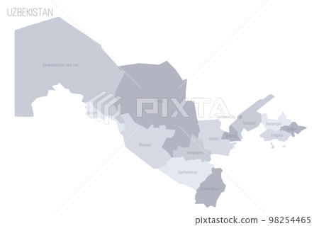 Uzbekistan political map of administrative divisions - regions, autonomous republic of Karakalpakstan and independent city of Tashkent. Grey vector map with labels. Uzbekistan political map of administrative divisions - regions, autonomous republic of Karakalpakstan and independent city of Tashkent. Grey vector map with labels. 98254465