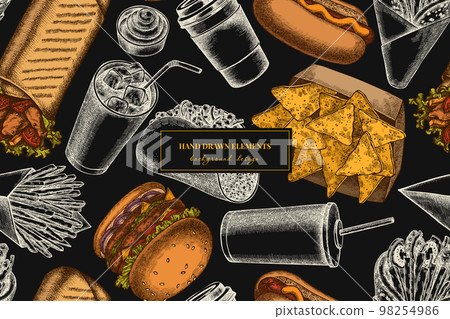 Street food seamless pattern background design. Engraved style. Hand drawn sauces, nachos, soda, gyros, burger, taco, shawarma, french fries, hot dog, paper cup. Street food seamless pattern background design. Engraved style. Hand drawn sauces, nachos, soda, gyros, burger, taco, shawarma, french fries, hot dog, paper cup. 98254986