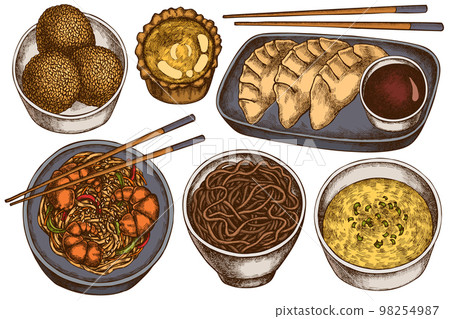 Asian food hand drawn vector illustrations collection. Colored jiaozi, jian dui, egg tart, noodles with shrimp, egg soup, noodles bowl. Asian food hand drawn vector illustrations collection. Colored jiaozi, jian dui, egg tart, noodles with shrimp, egg soup, noodles bowl. 98254987