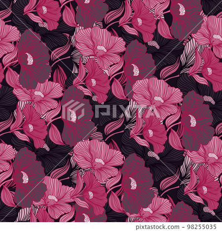 Abstract flower line seamless pattern. Delicate floral vintage outline endless background. Retro style. 98255035