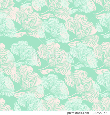 Abstract flower line seamless pattern. Delicate floral vintage outline endless background. Retro style. 98255146