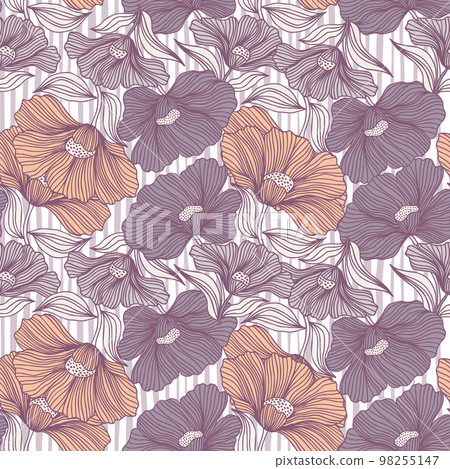 Abstract flower line seamless pattern. Delicate floral vintage outline endless background. Retro style. Abstract flower line seamless pattern. Delicate floral vintage outline endless background. Retro style. 98255147