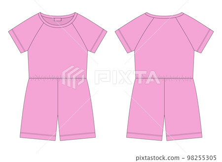 Cotton oversized raglan jumpsuit technical sketch. Pink color. Women's romper design template. Cotton oversized raglan jumpsuit technical sketch. Pink color. Women's romper design template. 98255305