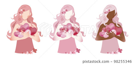 粉紅色頭髮的可愛少女抱著一顆心的剪影插圖的顏色變化組。 98255346