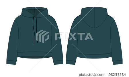 Women crop hoodie technical sketch. Dark green color. CAD mockup template hoody. 98255384