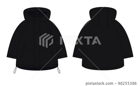 Ooversized raglan puffer winter down coat technical sketch. Black color. Ooversized raglan puffer winter down coat technical sketch. Black color. 98255386