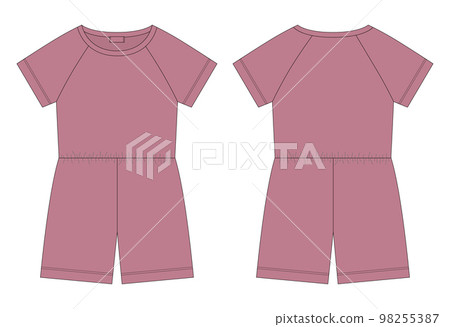 Cotton oversized raglan jumpsuit technical sketch. Pudra color. Women's romper design template Cotton oversized raglan jumpsuit technical sketch. Pudra color. Women's romper design template 98255387