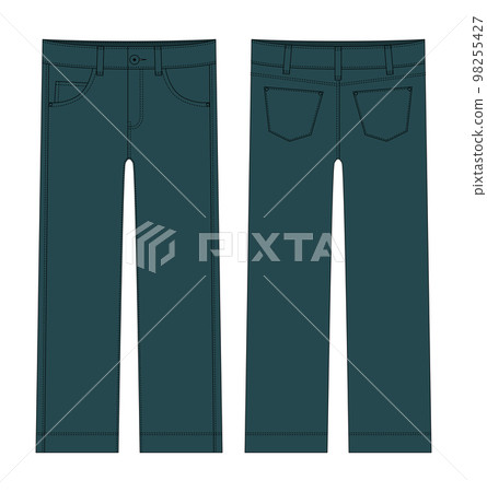 Children's classical jeans technical sketch. Dark green color. Denim casual clothes. 98255427