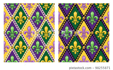Set of geometric patterns with fleur de lis symbol. Diagonal rhombus grid. Illustration for Mardi Gras carnival. Vintage illustration for prints, clothing, holiday, surface design 98255871