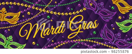 Horizontal carnival poster with masks, string of beads, text. Classic volume rhombic grid on background. Ticket, invitation design for Mardi Gras carnival, party in vintage style Detailed illustration Horizontal carnival poster with masks, string of beads, text. Classic volume rhombic grid on background. Ticket, invitation design for Mardi Gras carnival, party in vintage style Detailed illustration 98255876
