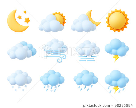 Plasticine 3d weather icons, render style sun, cumulus and snowflakes. Trendy fluffy bubbles clouds, wind symbol, raindrops. Pithy isolated vector set 98255894