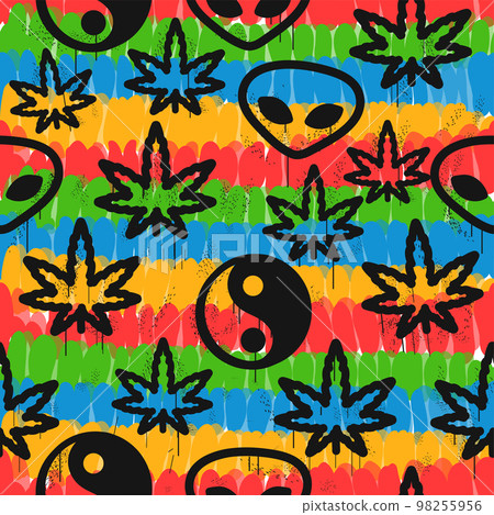 Cannabis leafs,alien,Yin Yang tie dye seamless pattern background.Vector tie dye cartoon illustration.60s style,hippie,weed,marijuana seamless pattern art 98255956