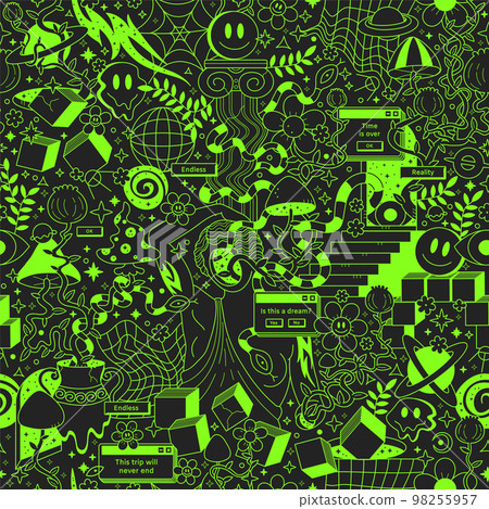 Trippy psychedelic seamless pattern.Vector crazy doodle character illustration.Smile groovy faces,geometry,ancient statue,magic mushrooms seamless pattern vintage wallpaper print art concept 98255957