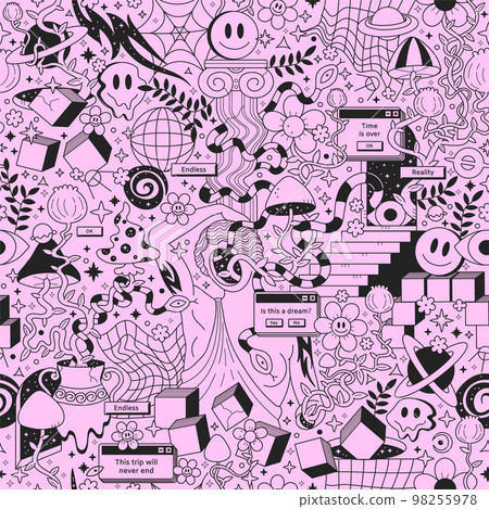 Trippy psychedelic seamless pattern.Vector crazy doodle character illustration.Smile groovy faces,geometry,ancient statue,magic mushrooms seamless pattern vintage wallpaper print art concept 98255978