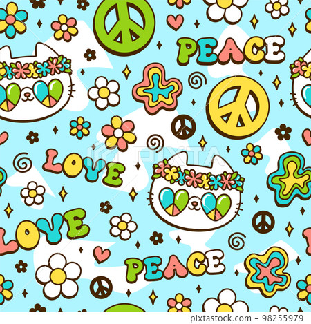 Cute cat,peace hippie symbol in flower seamless pattern. Vector hand drawn kawaii trendy cartoon illustration.Hippie cat,60s,70s,groovy fashion print seamless pattern concept 98255979