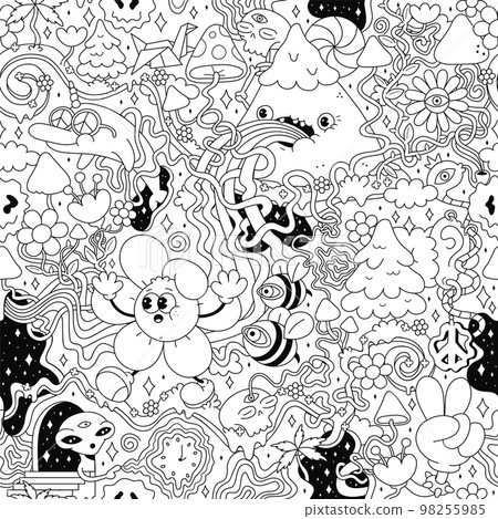 Psychedelic trippy seamless pattern art.Mushroom,magic wizard smoking,melt smile face.Vector cartoon hippie illustration doodle.Trippy 60s,70s,magic mushroom,acid seamless pattern art concept Psychedelic trippy seamless pattern art.Mushroom,magic wizard smoking,melt smile face.Vector cartoon hippie illustration doodle.Trippy 60s,70s,magic mushroom,acid seamless pattern art concept 98255985