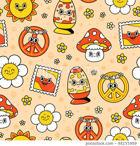 Funny hippie seamless pattern. Vector doodle line cartoon character illustration letters. 60s hippie style seamless pattern art Funny hippie seamless pattern. Vector doodle line cartoon character illustration letters. 60s hippie style seamless pattern art 98255989