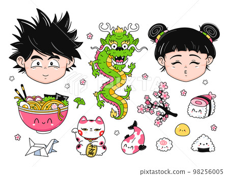 Cute funny Anime Japan style set. Vector hand drawn cartoon kawaii character illustration icon. Cute Japan anime,manga boy,girl,dragon,sushi,ramen cartoon kawaii set collection concept 98256005
