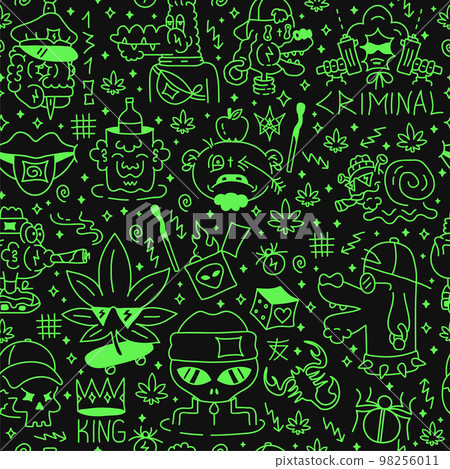Funny tattoo style fashion seamless pattern. Vector hand drawn doodle cartoon line illustration. Street style,smoking joint,weed,marijuana,acid,skate,skull seamless pattern 98256011