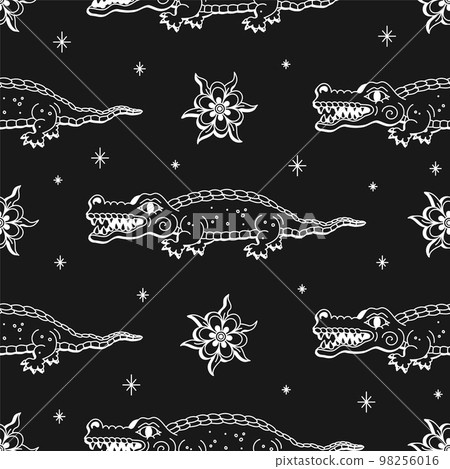 Crocodile and flowers retro style seamless pattern.Vector cartoon graphic illustration wallpaper background design Crocodile and flowers retro style seamless pattern.Vector cartoon graphic illustration wallpaper background design 98256016