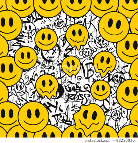 Graffiti and melt smile face seamless pattern wallpaper art.Vector graphic background illustration.Graffiti lettering,urban art seamless pattern wallpaper print concept Graffiti and melt smile face seamless pattern wallpaper art.Vector graphic background illustration.Graffiti lettering,urban art seamless pattern wallpaper print concept 98256030