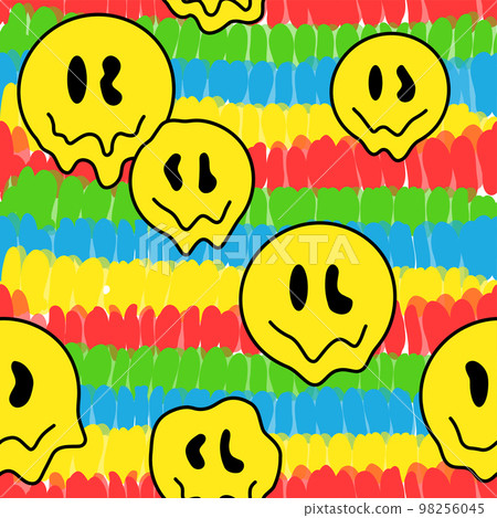Melt smile faces,tie dye seamless pattern background.Vector tie dye cartoon illustration.60s style,hippie,weed,marijuana seamless pattern art 98256045