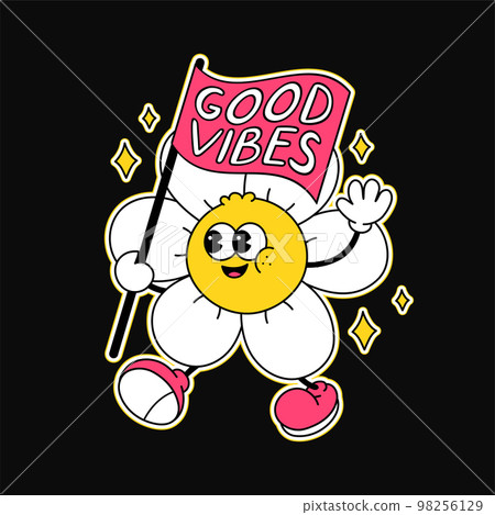 Cute funny flower with flag t-shirt print design. Vector retro vintage cartoon character illustration. Funny hippie flower,chamomile,good vibes slogan print for t-shirt,poster,sticker,logo art concept Cute funny flower with flag t-shirt print design. Vector retro vintage cartoon character illustration. Funny hippie flower,chamomile,good vibes slogan print for t-shirt,poster,sticker,logo art concept 98256129