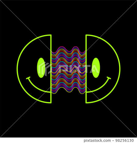 Two half of smile face. Vector modern neon digital style cartoon character illustration.Smile face,techno,trippy print for t shirt,tee,poster,sticker concept Two half of smile face. Vector modern neon digital style cartoon character illustration.Smile face,techno,trippy print for t shirt,tee,poster,sticker concept 98256130