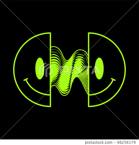 Two half of smile face. Vector modern neon digital style cartoon character illustration.Smile face,techno,trippy print for t shirt,tee,poster,sticker concept Two half of smile face. Vector modern neon digital style cartoon character illustration.Smile face,techno,trippy print for t shirt,tee,poster,sticker concept 98256179