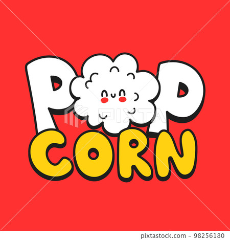 Cute happy funny popcorn logo template design. Vector hand drawn cartoon kawaii character illustration sticker logo icon. Cute happy popcorn cartoon character poster concept 98256180
