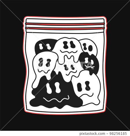 Melt smile face in plastic zip bag print for t shirt. Vector hand drawn doodle line cartoon illustration Melt smile face in plastic zip bag print for t shirt. Vector hand drawn doodle line cartoon illustration 98256185