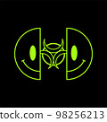 Two half of smile face and radiation sign. Vector modern neon digital style cartoon character illustration.Smile face,techno,trippy print for t shirt,tee,poster,sticker concept 98256213