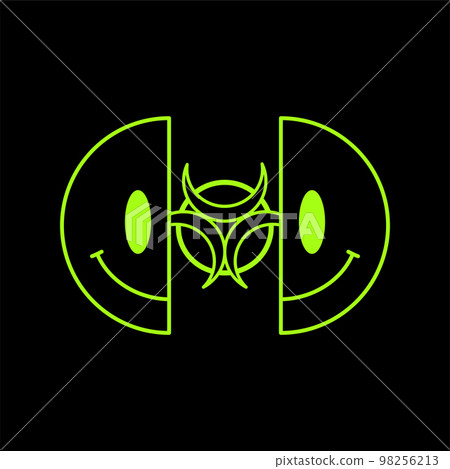 Two half of smile face and radiation sign. Vector modern neon digital style cartoon character illustration.Smile face,techno,trippy print for t shirt,tee,poster,sticker concept Two half of smile face and radiation sign. Vector modern neon digital style cartoon character illustration.Smile face,techno,trippy print for t shirt,tee,poster,sticker concept 98256213