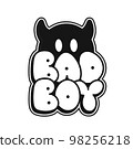 Emoji with devil horns print for t-shirt concept. Bad boy quote. Vector hand drawn doodle line cartoon illustration 98256218