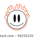 Smile face burn in fire t-shirt print design. Vector cartoon character illustration. Smile face,burn,flame,fire print for t-shirt, poster concept 98256220
